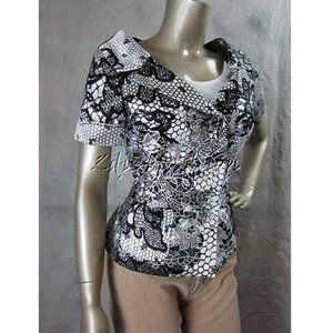 NWT TULEH Black Off White Floral Lace Art Print Fitted Silk Top Jacket 8